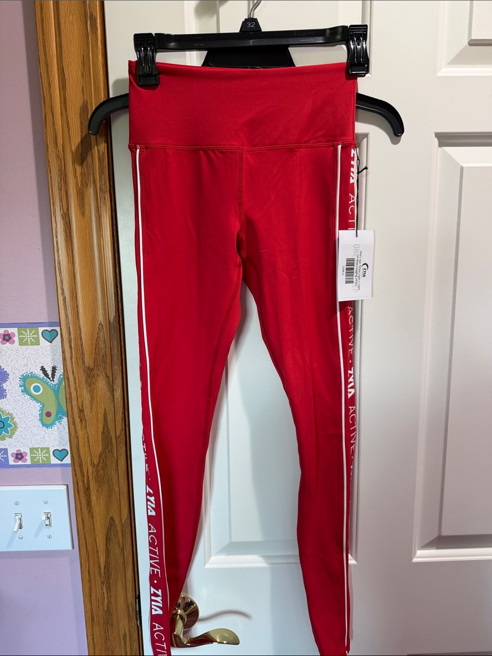 Zia Active High-Rise Red Leggings with White Side Stripe